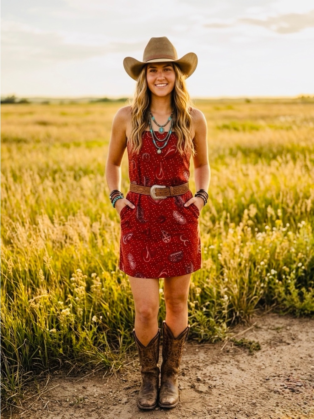 ❤️🤠NWT Monteau LA "Linen-Blend Cowboy🤠Print Mini Dress w/Pockets🤗" Red❤️Large